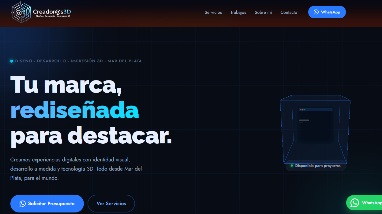 Rebranding Creador@s3D — diseño web con tema oscuro, tipografía Raleway y cubo 3D animado